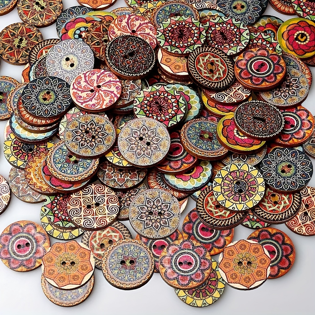 Boho Mixed Random Buttons Painted Flower Painting Round - Temu