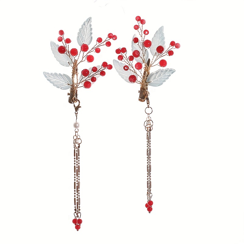 Wooden Hairpin With Tassel Red Beads