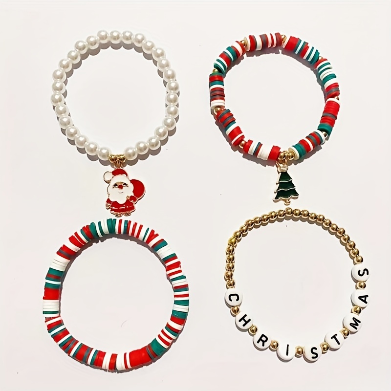 4pcs/set Christmas Style Polymer Clay Beads Bracelet Christmas Tree Bracelet Cartoon Hand Accessories,Temu