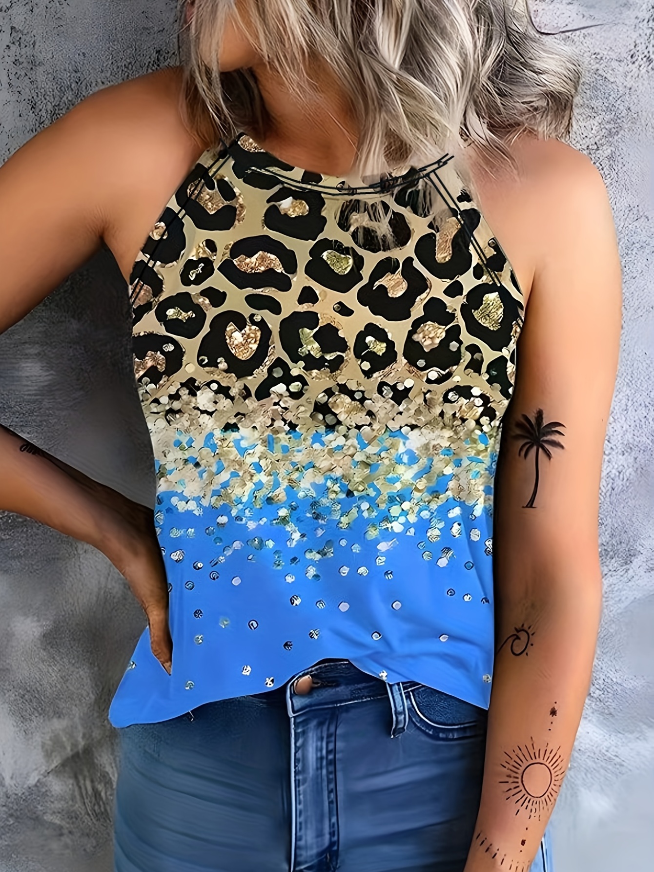 Ladies Leopard Print Halter Tops Tank Sleeveless Shirts Summer Blouse