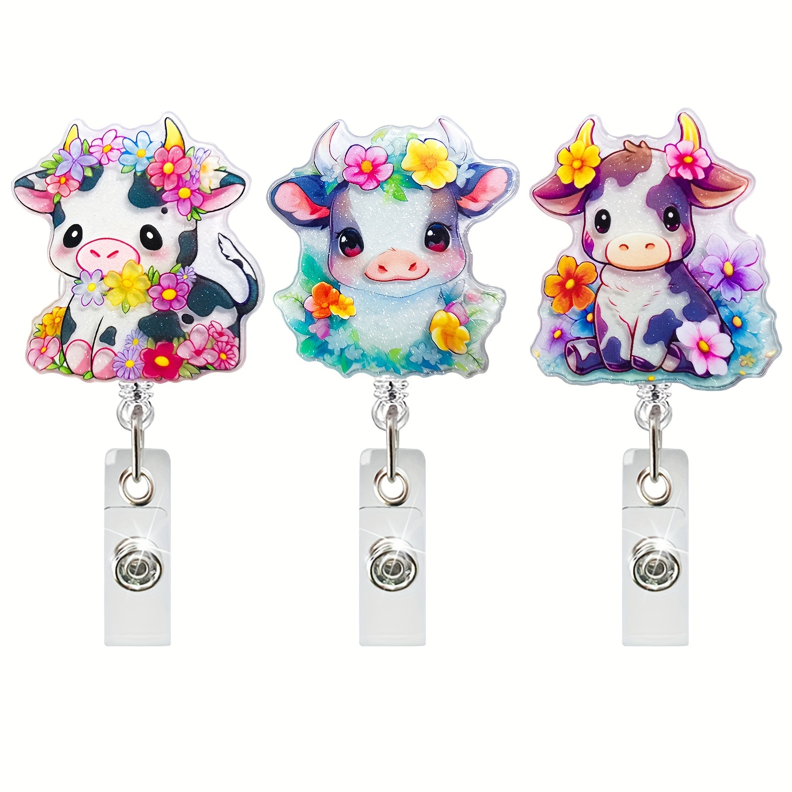 3 PC Cute Badge Reel Retractable with ID Clip with Funny Cow Pink