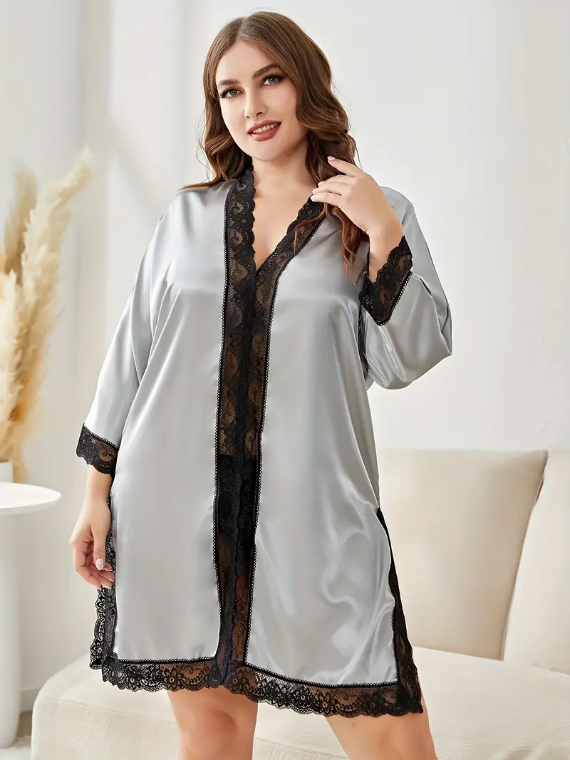 Plus Size Contrast Lace Trim Split Hem Long Sleeve Robe, Women's Plus V  Neck Elegant Loungewear