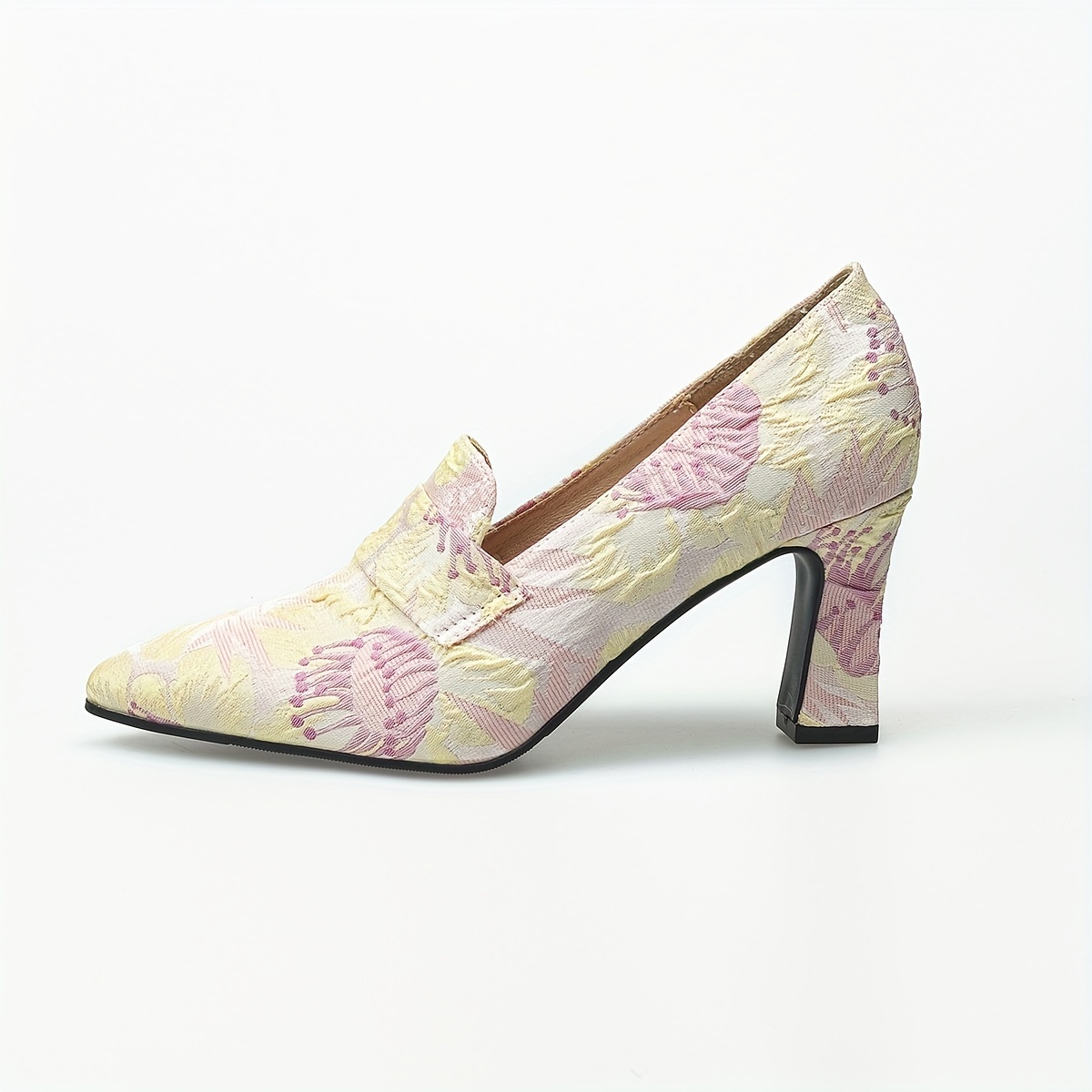 Women's Floral Embossed High Heels Pointed Toe Slip On Soft Sole Chunky Heels