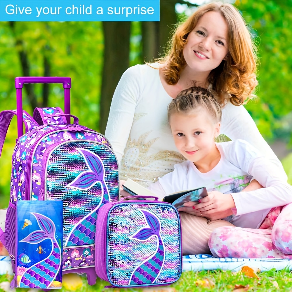 3 piezas, mochila escolar con ruedas, brilla en la oscuridad, regalo ideal  para niñas