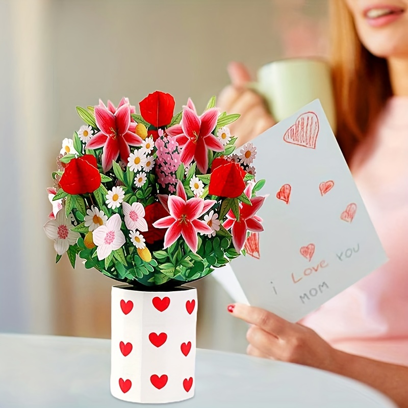 Paper Love Flower Bouquet Pop Up Card,Handmade 3D Popup Greeting Cards， Flower Basket Pop Up Card, Freshcut Paper Pop Up Cards for Mothers Day,  Valentines Day, Wedding,Thank You, All Occasion 
