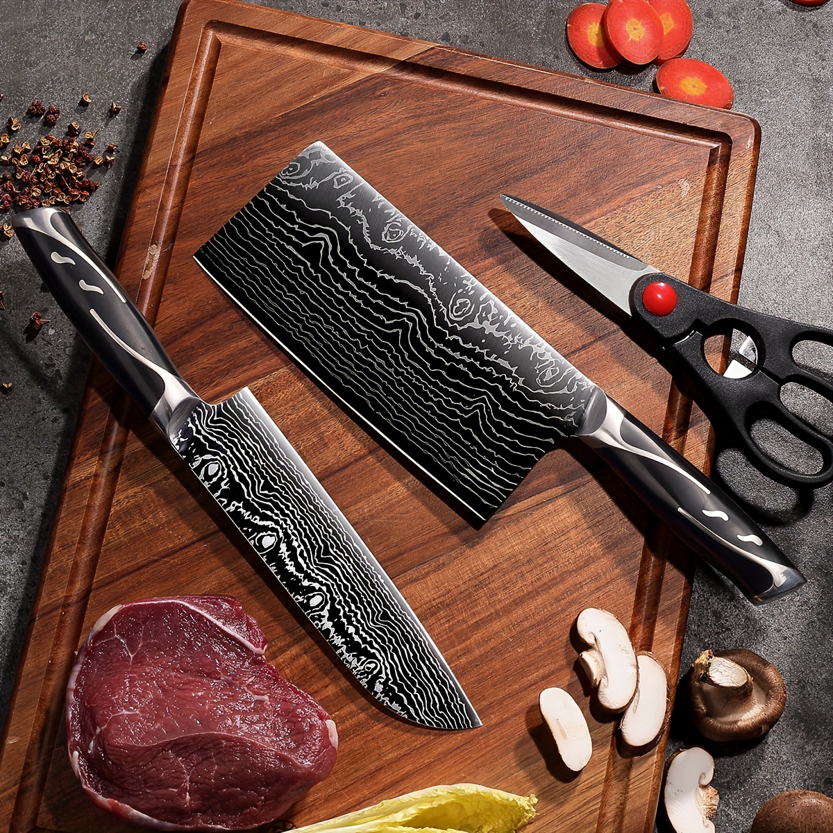 Damascus Pattern Stainless Steel Kitchen Knife Set - Special Vegetable,  Meat, And Bone Knives For Chefs Commercial Kitchen Supplies - Temu