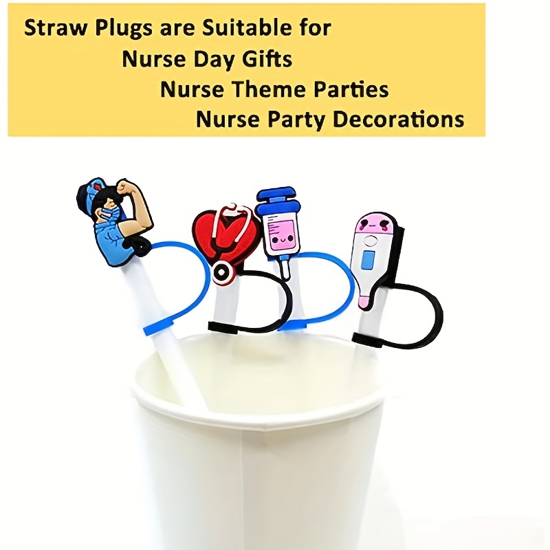 9pcs Cute Nursing Theme Straw Cover, Reusable Dustproof Silicone Straw Cap  For 6-8mm Straw, Party Cup Decoration Accessories