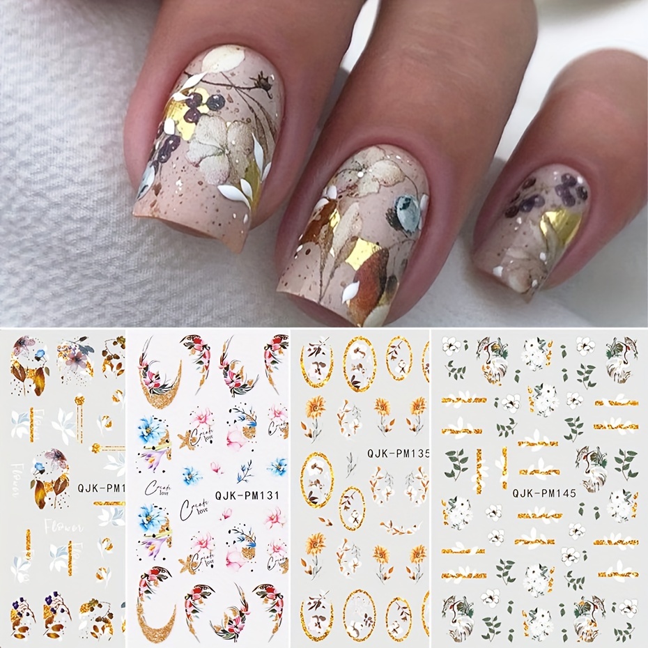 

4 Sheets Golden Glitter Leaves 3d Nail Art Decals Spring Flowers Leaves Nail Art Stickers Self Adhesive French Strips White Blossom Manicure Decorations