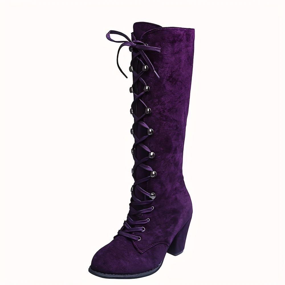 Women's Chunky Heeled Long Boots Lace Up Knee High Boots