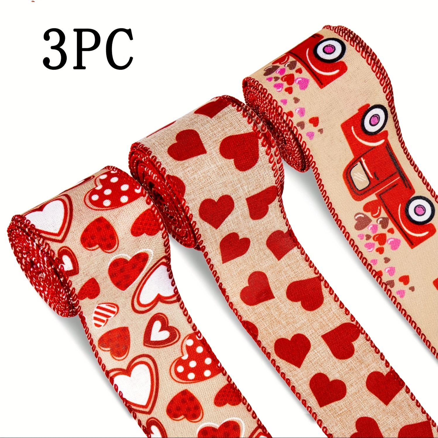 3 Rolls, Valentine's Day Wired Edge Ribbon Red Heart Truck Patterned Ribbon  Heart Craft Ribbon Rustic Wrapping Ribbon For Valentine's Day Wedding Anni