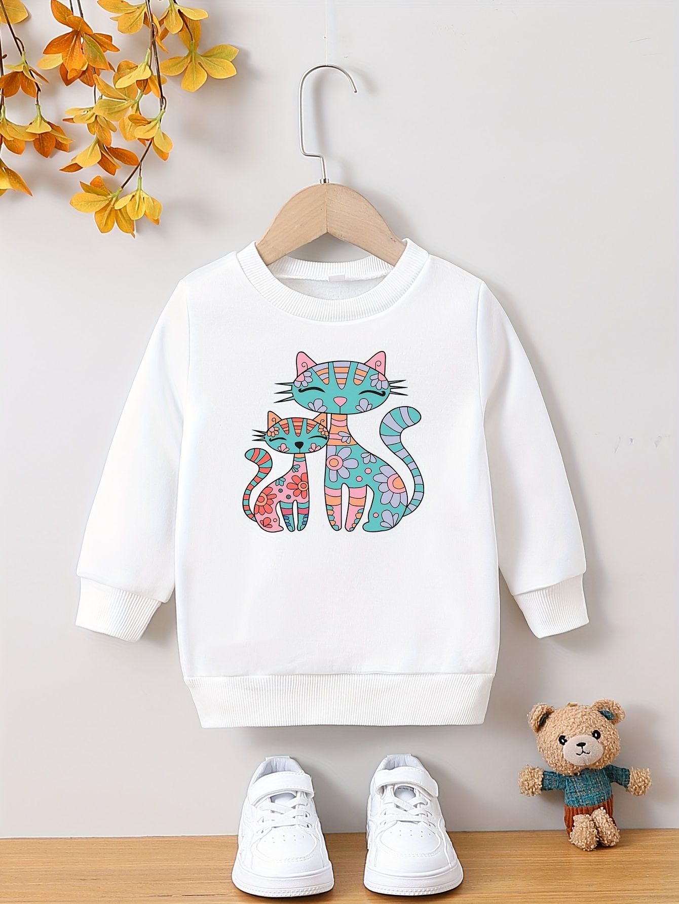 Girls Cartoon Tops Autumn Cat Design Cute Cosy Long Sleeve - Temu