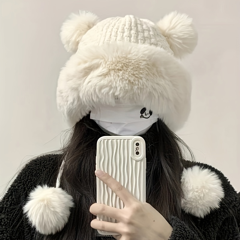 Winter Warm Knitted Hat With Earflap Thick Plush Winter Hat - Temu