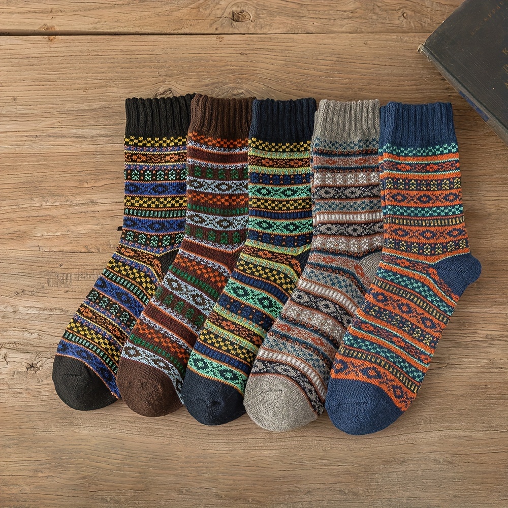 

5 Pairs Men's Retro Ethnic Style Striped Warm Socks For Autumn Winter, Snowflake Lovers Christmas Socks Us 6-10