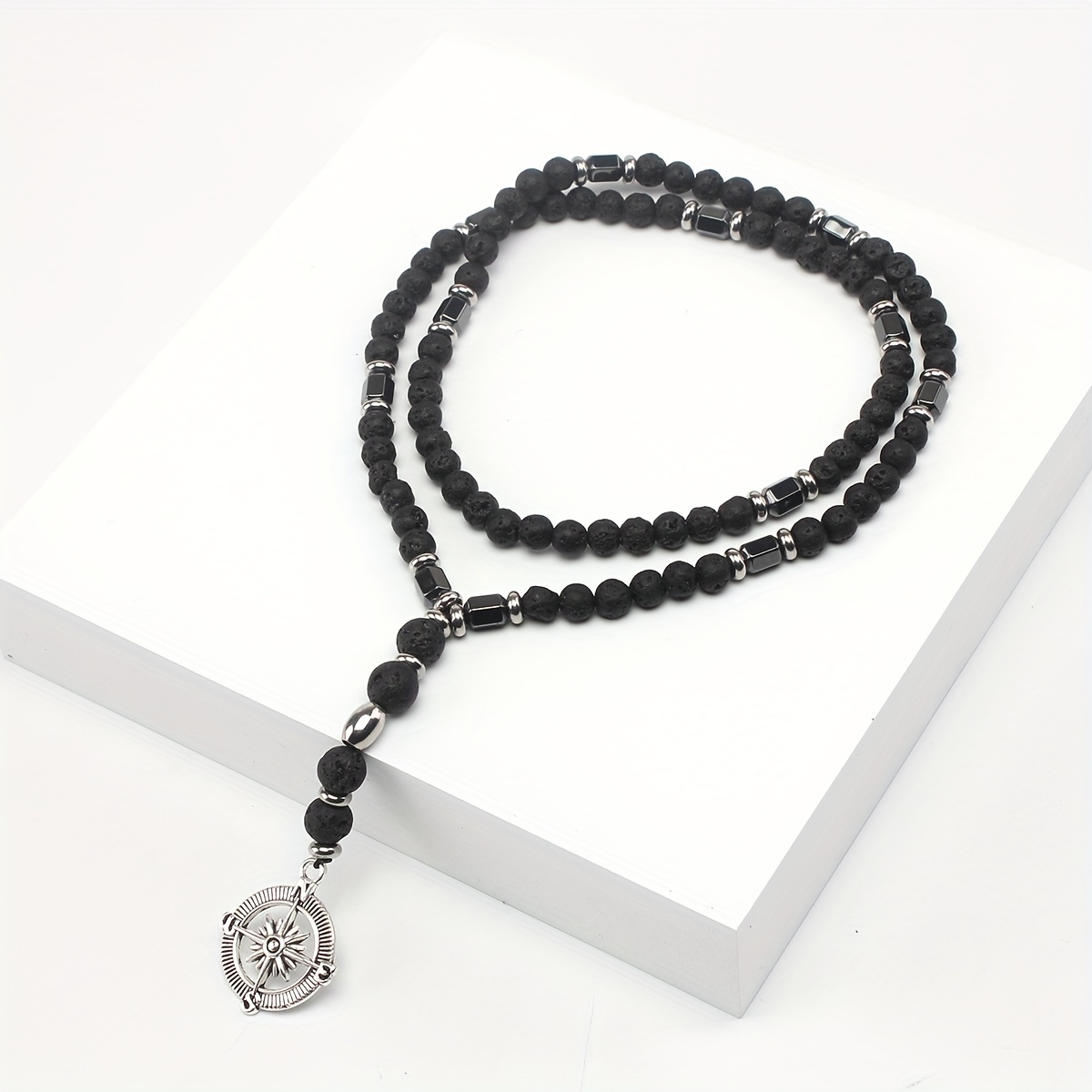 Stainless Steel Mens Bead Necklace Natural Stone Necklaces Black