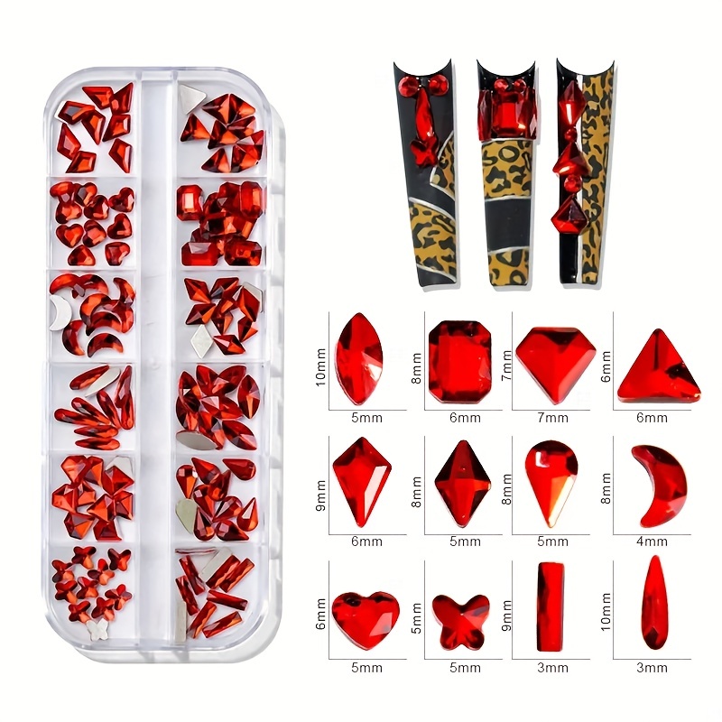 Red Nail Rhinestones Kit Multi Shapes Nail Art Gems Diamonds Flat