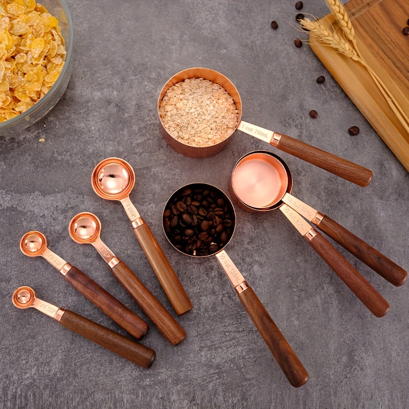 Measuring Cups & Spoons with Walnut Wood Handles, Stainless Steel and Rose Gold, Brown