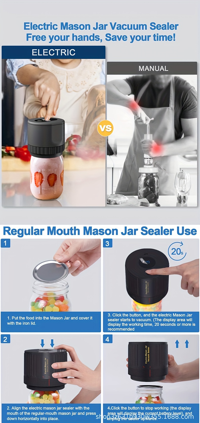 True Bright Mason Jar Sealer, 2024 New Electric Mason Jar Vacuum Sealer Kit  for Wide Mouth and Regular Mouth Mason Jars, Truebright Mason Jar Vacuum