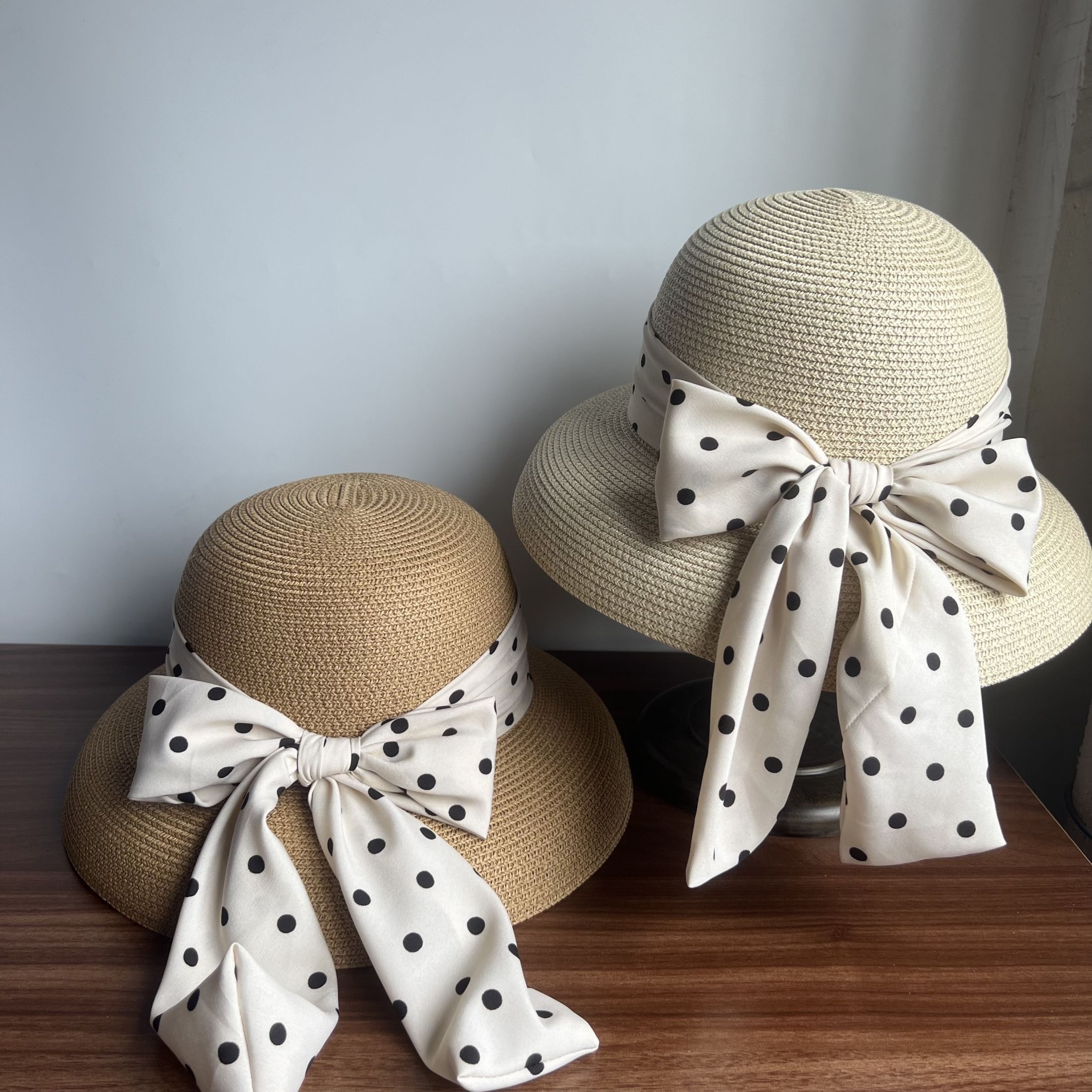 Wide Brim Sun Protection Polka Dot Tie Bow Decor Straw Bucket Hat, Face Covering Breathable Versatile Sun Hat, Fishing Hat for Seaside Beach Travel