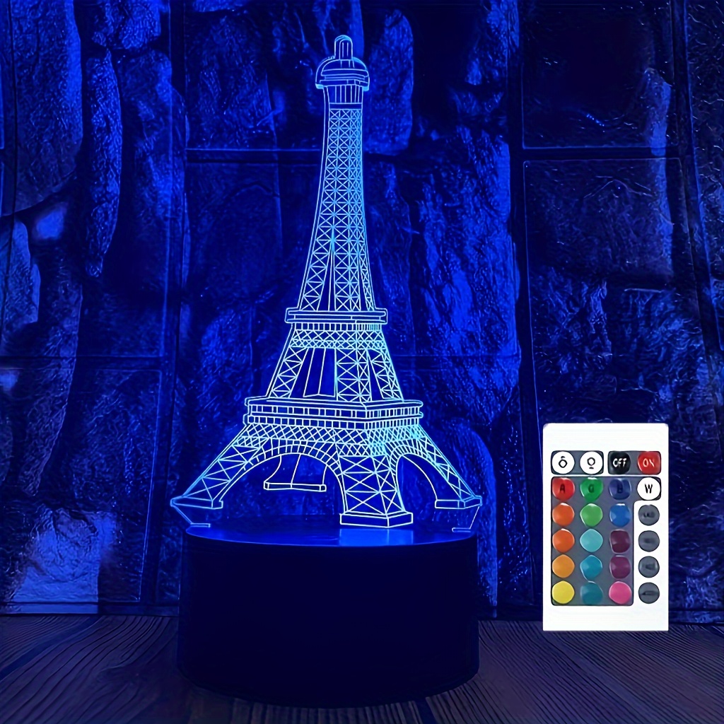 

1pc Tour Eiffel 3D LED Lumière De Nuit Acrylique Visuelle Avec Télécommande 16 Couleurs Changeantes, Lampe De Table Décoration De Chambre À Coucher Alimentée Par USB, Cadeau D'Anniversaire De Noël
