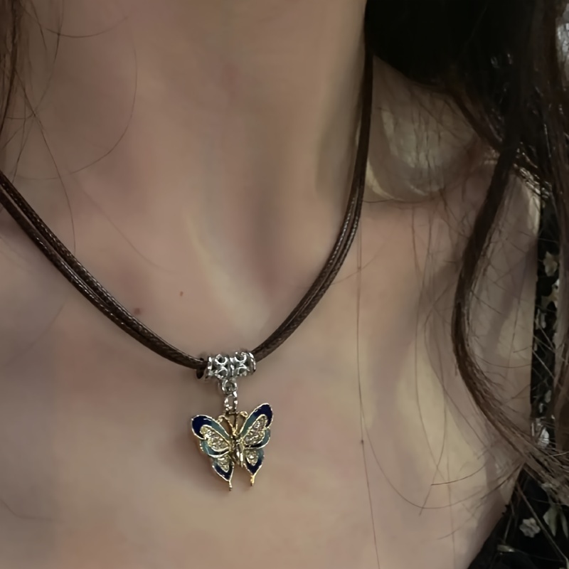 1pc retro butterfly pendant with artificial leather rope necklace holiday gift 0