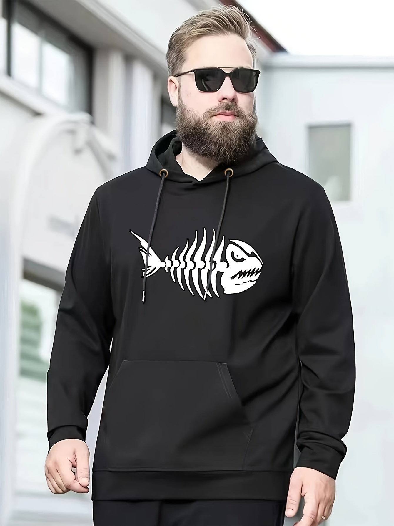 Plus Size Men's Anime Fish Skeleton Print Hooded Sweatshirt - Temu