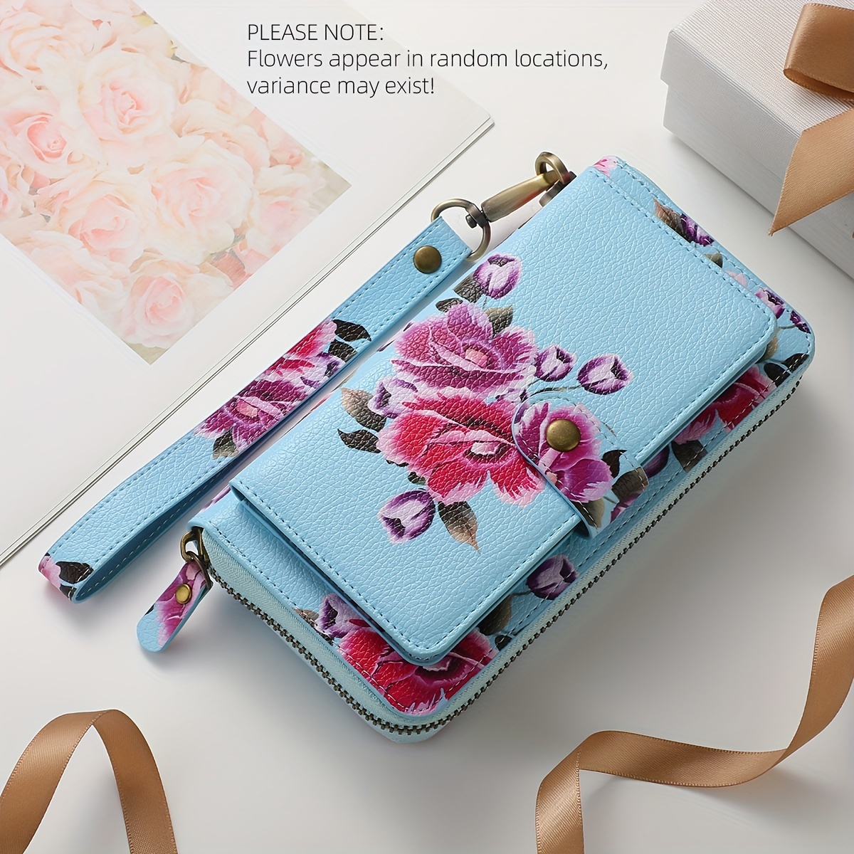 Rose Print Long Wallet With Fashionable Zipper Card Holder