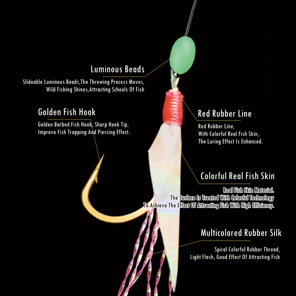 Fishing Rigs Fish Skin Bait Rigs Luminous Beads Swivels Saltwater 6 Hooks  4#6#8#