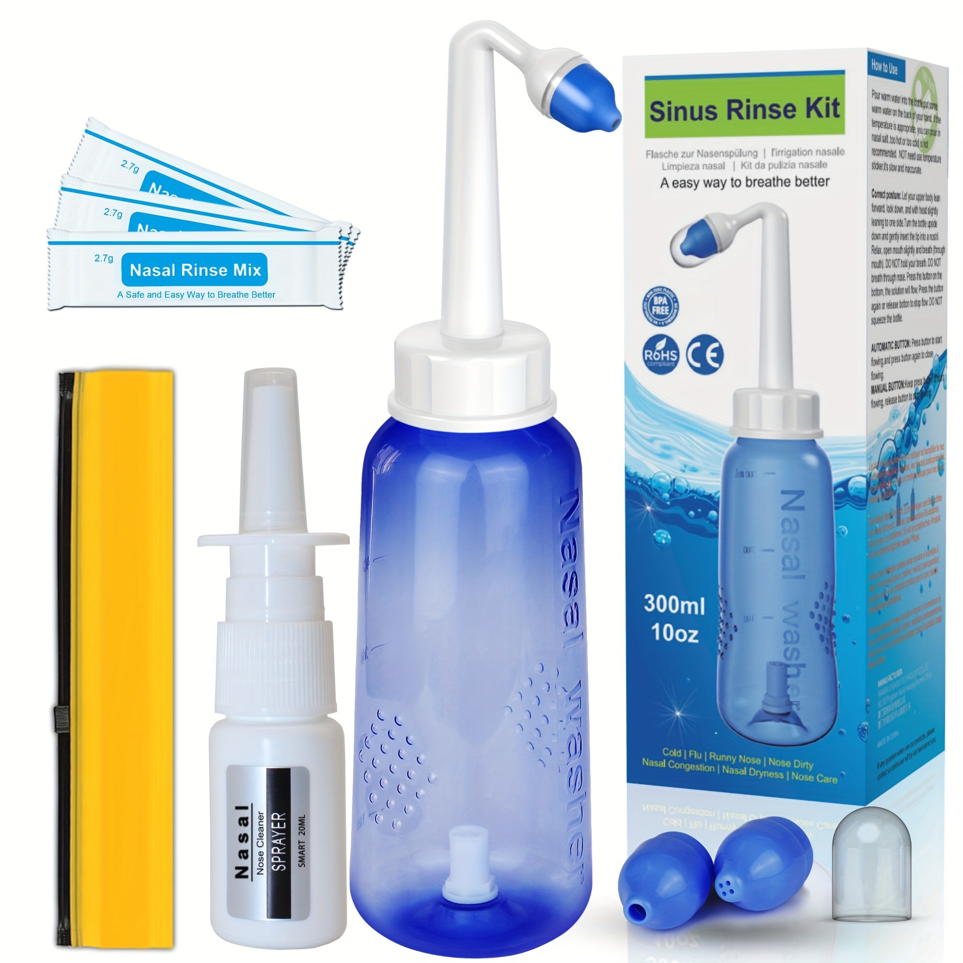 Bouteille de lavage nasal, 300 ml Sinus bouteille de rinçage Neti pot -  Système d'irrigation nasale et thermomètre autocollant pour adulte et  enfant sans BPA (300 ml avec 60 paquets de sel) 