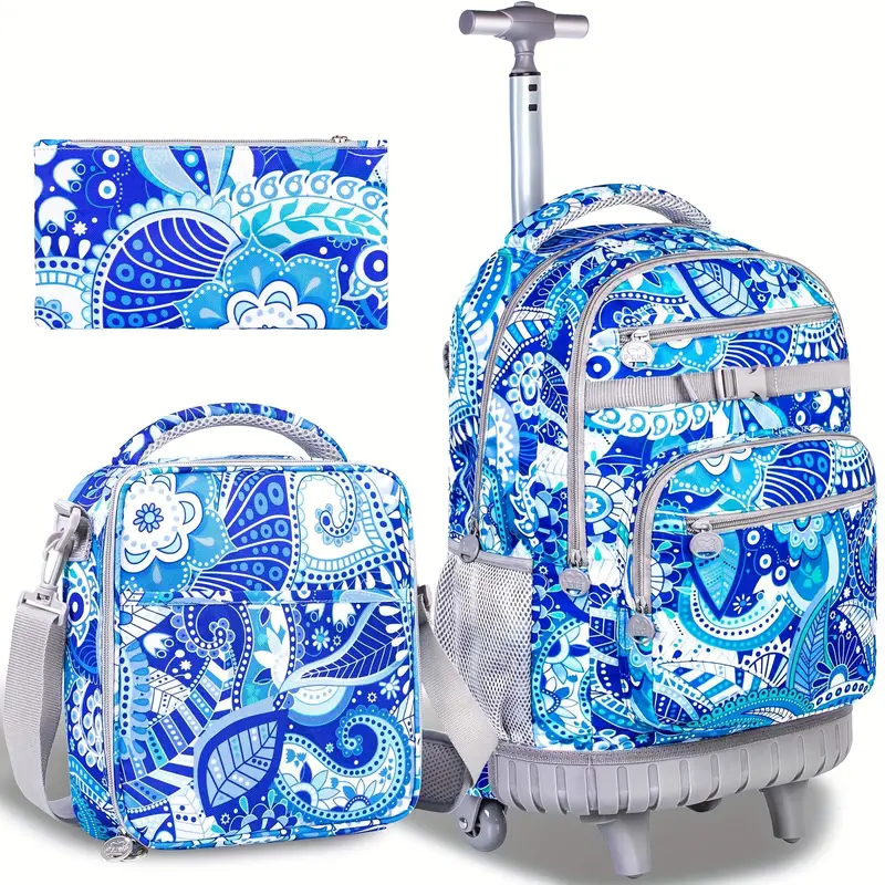 Conjunto de mochila para niña de 3 piezas, mochila deportiva de poliéster  con ruedas, bolsa de almuerzo y estuche para bolígrafos