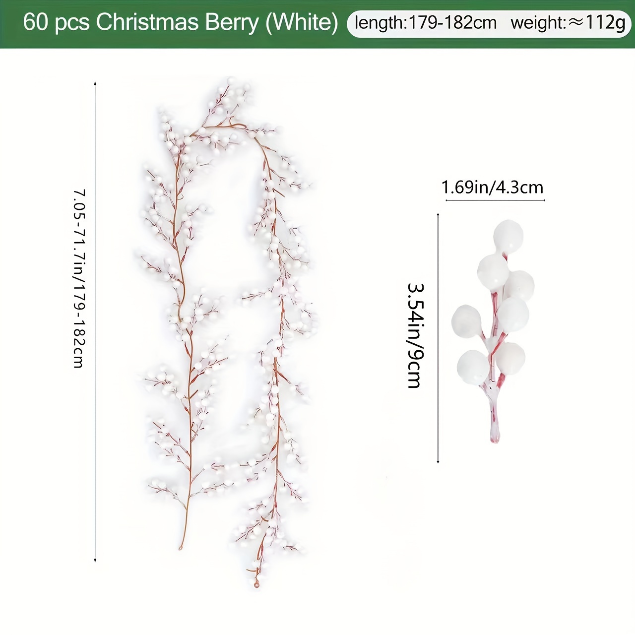 6FT Berry Christmas Garland Artificial Faux White Berry Garland