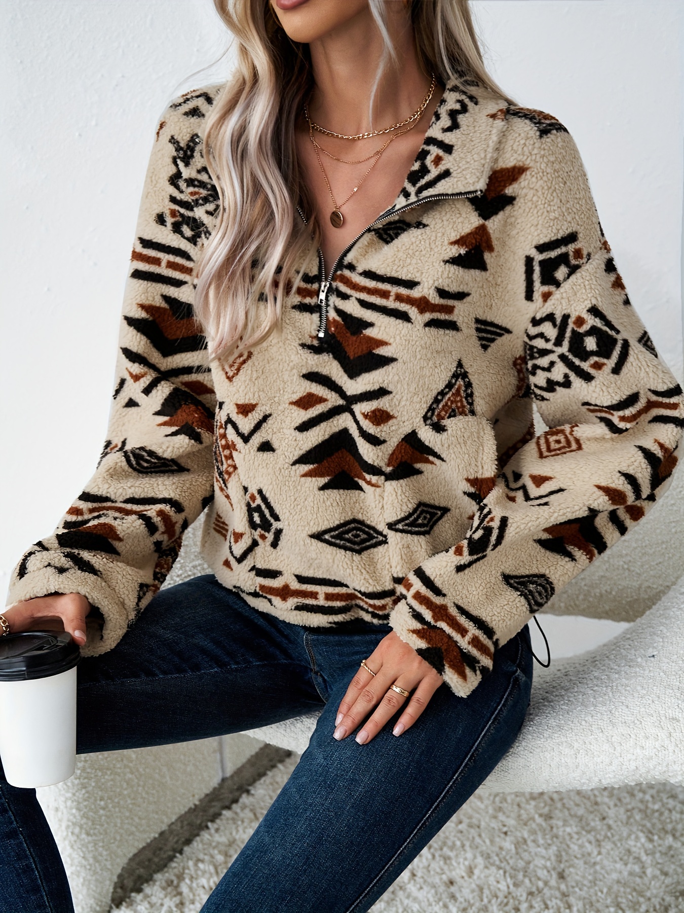 Aztec Print Quarter Zip Loose Sweatshirt, Casual Long Sleeve Western Style  Sweatshirt, Women's Clothing