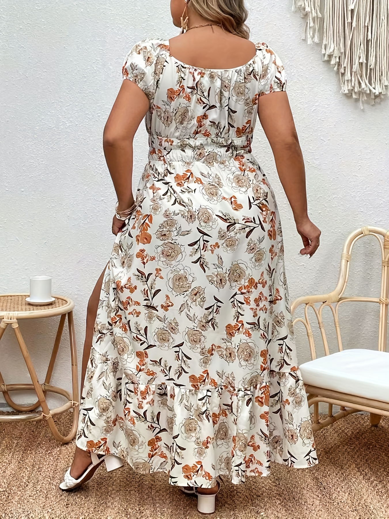 Plus Size Elegant Dress Women's Plus Floral Print Puff - Temu