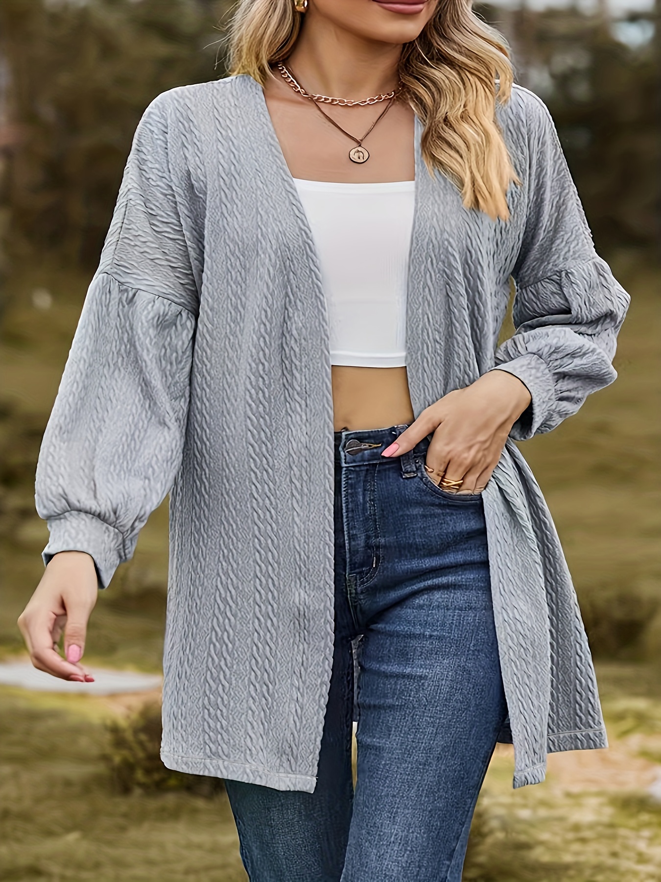 Solid Knitted Long Sleeve Open Front Cardigan