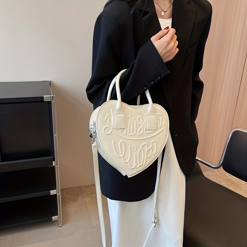 Love Heart Shaped Handbag For Women, Letter Embossed Crossbody Bag