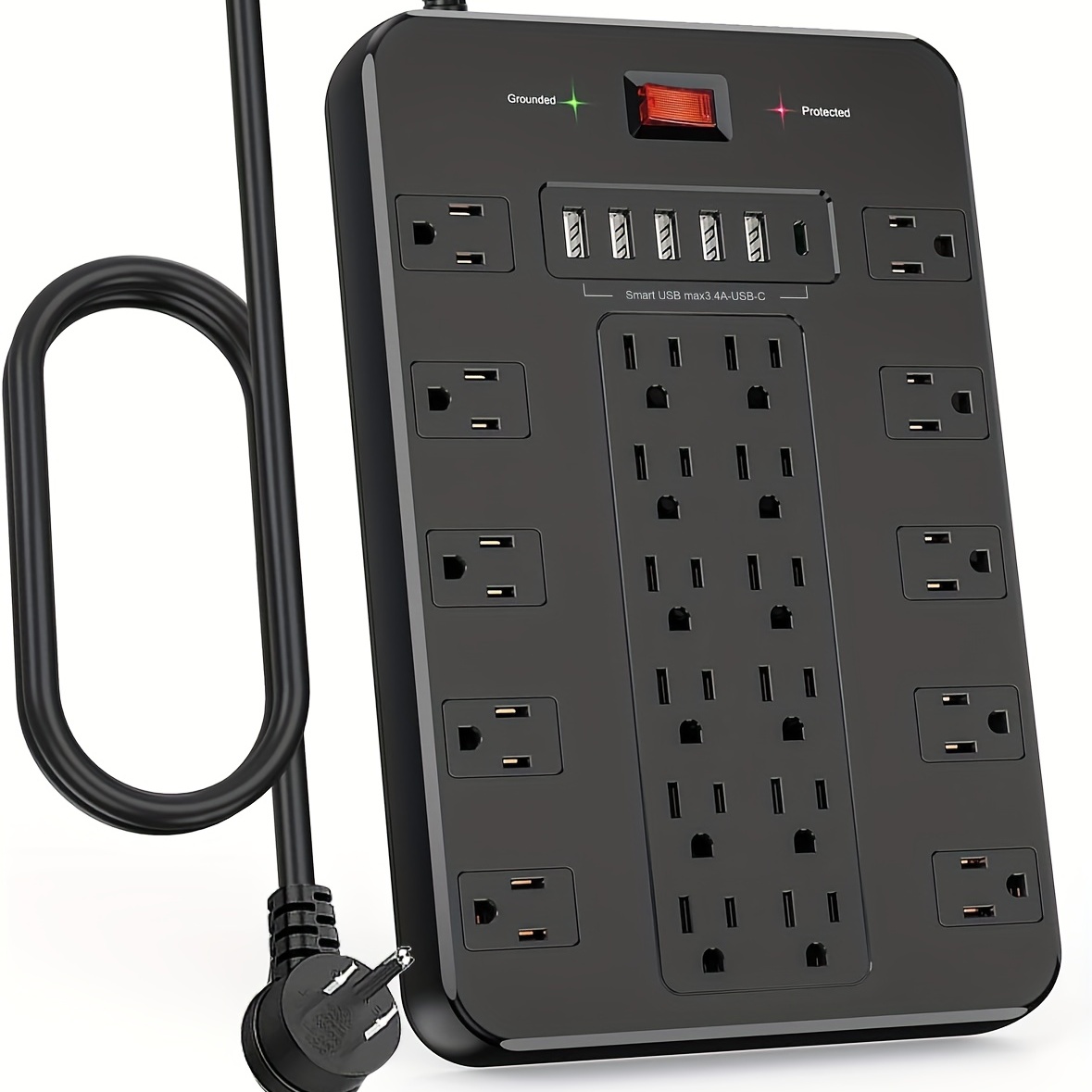 1pc Power Strip Surge Protector, High Power Outlet Extender, American Standard Socket Wall Plug, With 22 Outlet, 5 USB, 1 Type-C Fast Charging Port, Surge Protection, 2100J