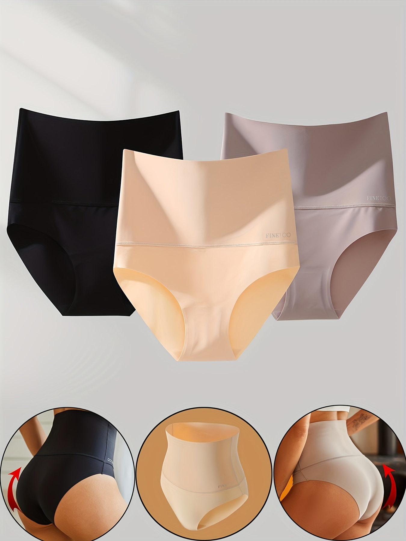 FINETOO 3pack Solid High Waist Seamless Panty Set
