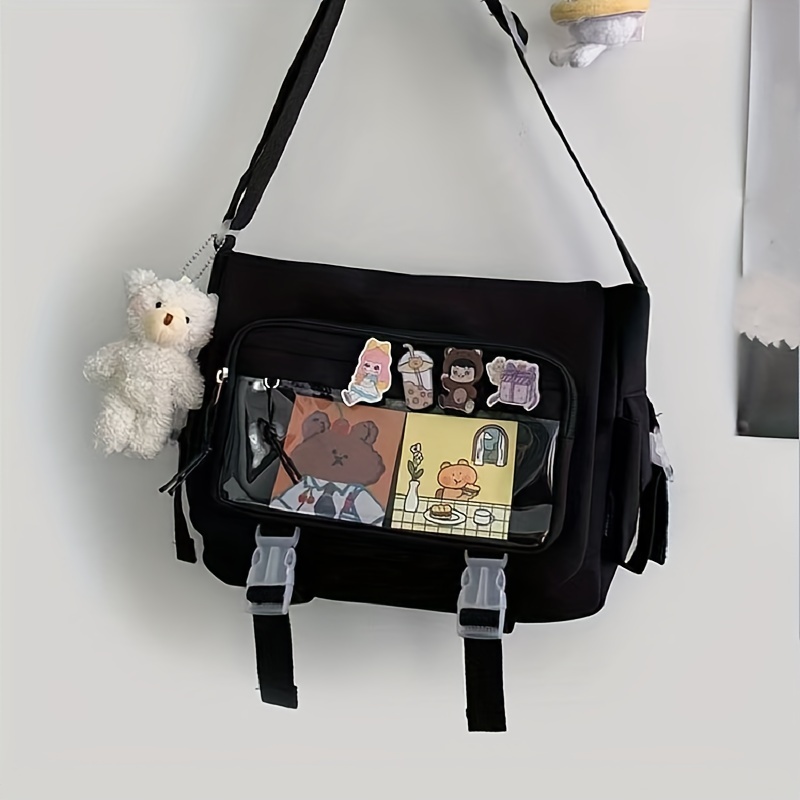 Aesthetic Messenger Bag with Stuffed Pendant and Pins Kawaii