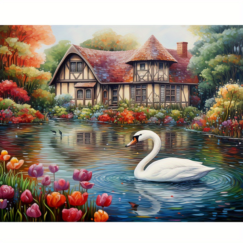 

1pc 5d Diamond Embroidery Swan Full Round Diy Artificial Diamond House Landscape Painting Home Decor 30x40cm/12x16inch Without Frame