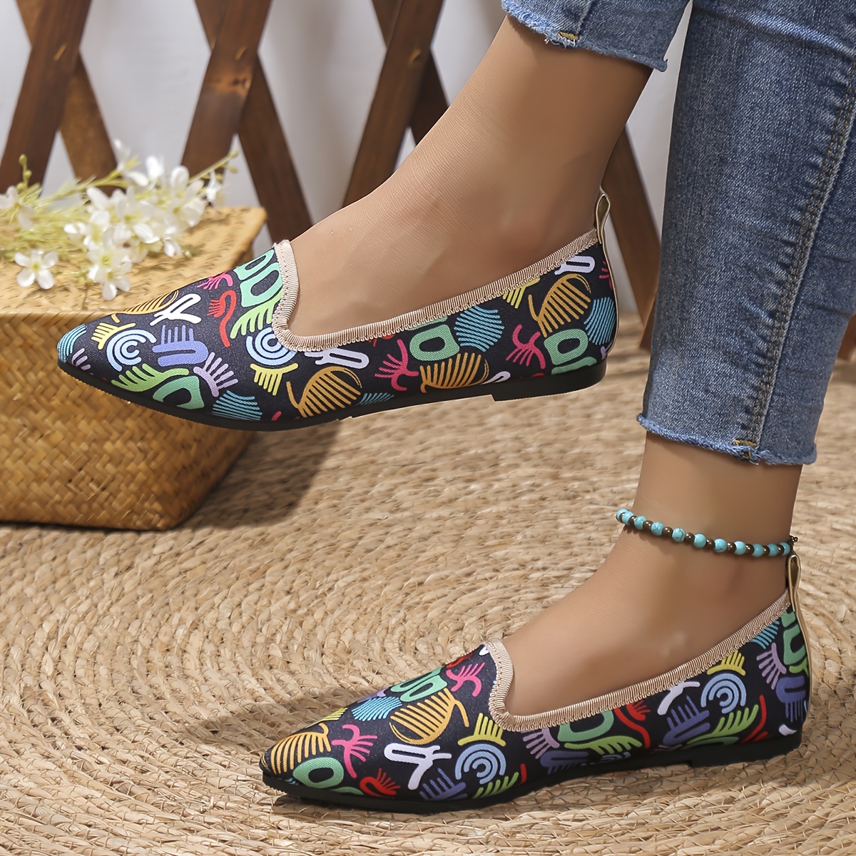 Mujeres Graffiti Print Flats Zapatos Punta Transpirables Temu Chile