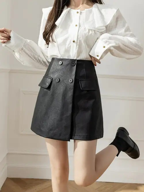 Tejiojio Women Clothes Clearance Fashion Women High Waist Casual Ladies  Solid Button Mini Fit Leather Skirts 
