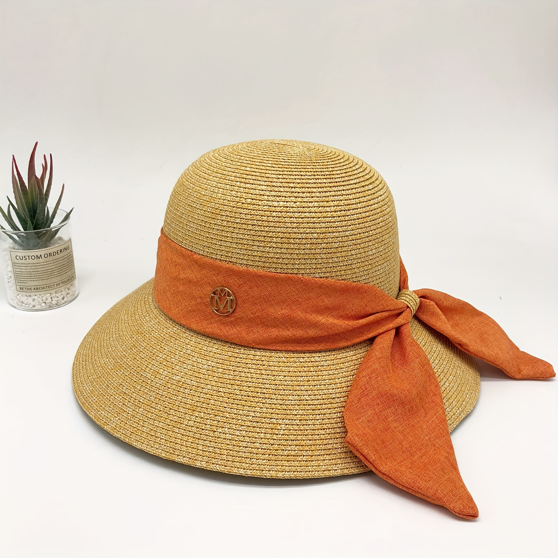 Ribbon Bow Decor Sun Hat Solid Curved Brim Straw Hat Jazz Fedora