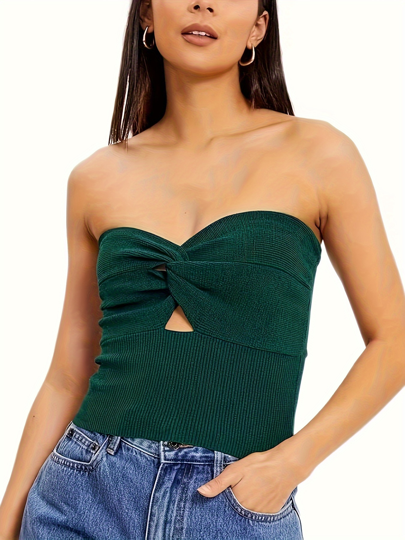 Solid Twist Front Knitted Tube Top Sleeveless Strapless Club - Temu Canada