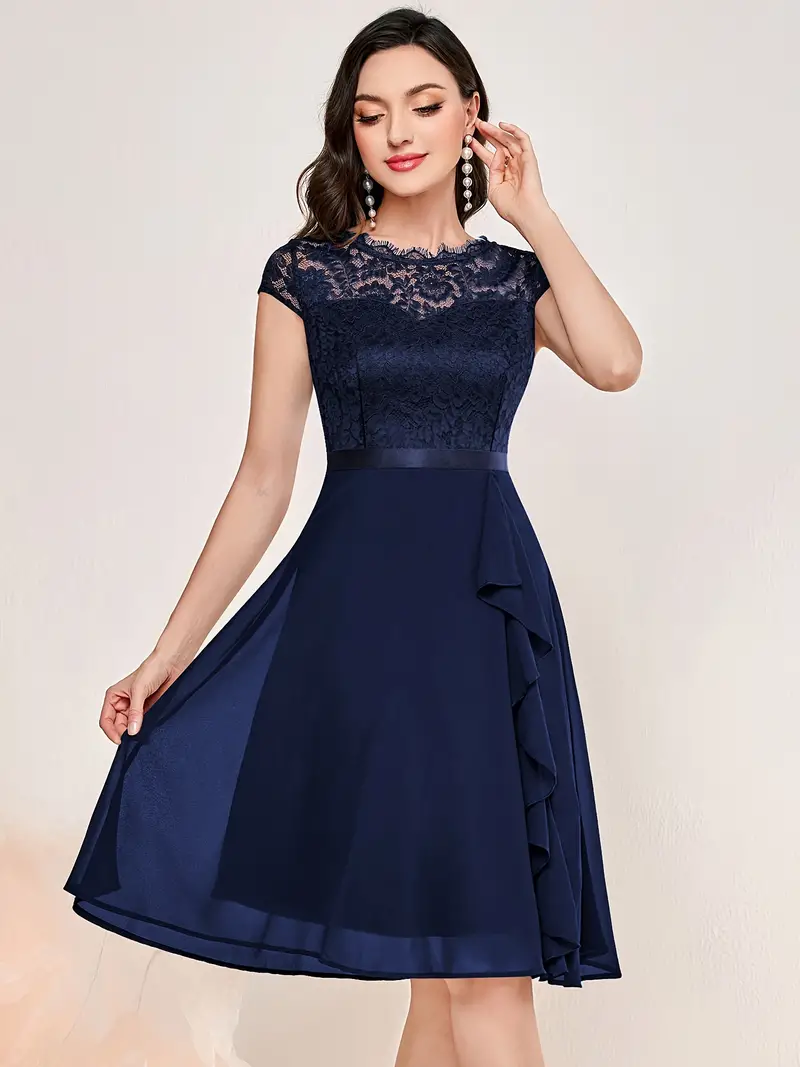 contrast lace ruffle trim party dress elegant solid crew neck short sleeve wedding dress homecoming dress womens clothing details 40