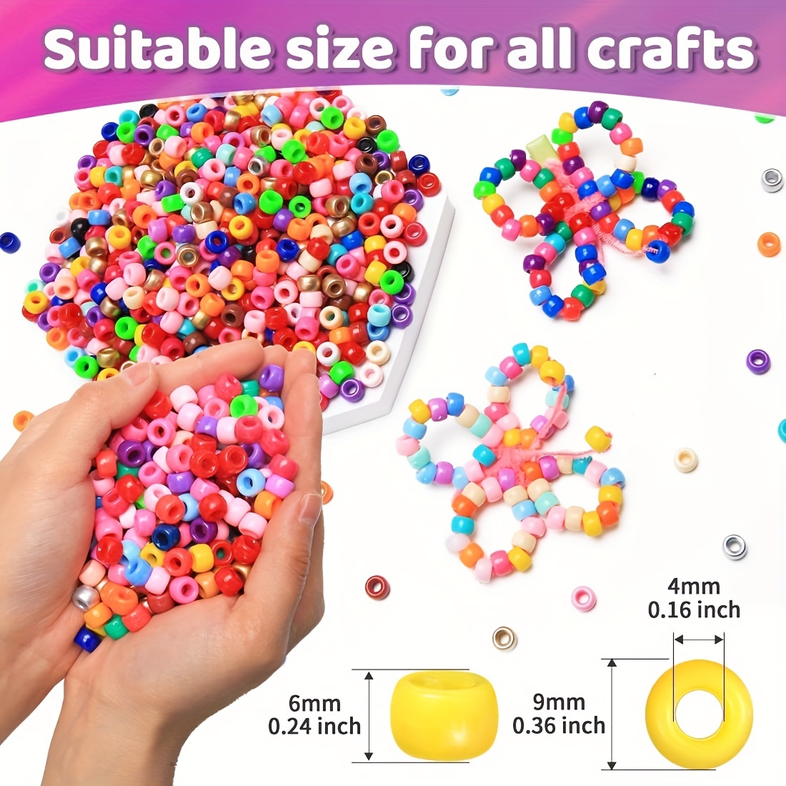 Transparent Multicolor Mix Plastic Pony Beads 6x9mm, 1000 Beads Bulk Bag