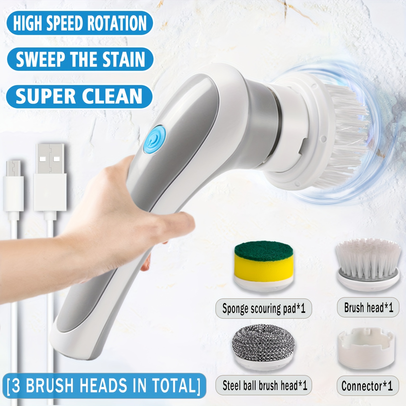  Electric Spin Scrubber with 3 Replaceable Cleaning Head + 2 Cone Brush  Heads + 2 Round Brush Heads + 6 Sponge Brush Heads + 2 Steel Brush Heads