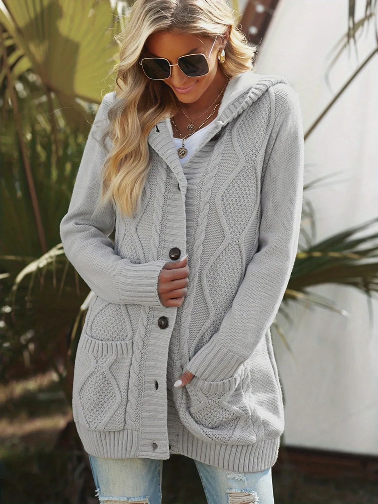 data sø gentage Casual Oversized Knit Hoodie, Long Chunky Knit Front Pocket Hooded Cardigan  Sweater, Tops For Fall & Winter - Temu