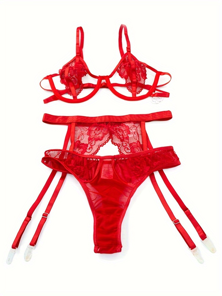 Roma Peppermint Embroidered Bra Thong Garter Belt Set - Red