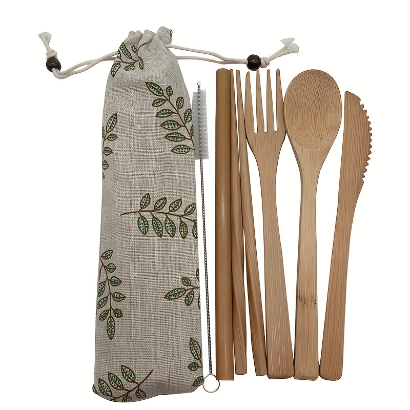 7pcs set bamboo cutlery set for travel and outdoor dining portable wooden flatware with spoon and fork sports & outdoors temu