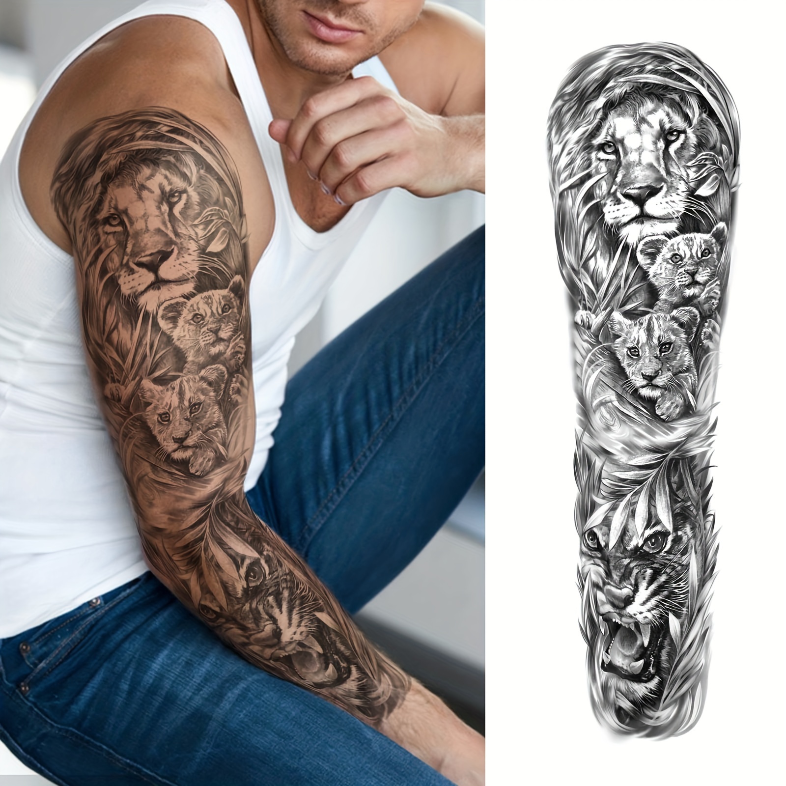 

Black Full Arm Temporary Tattoo, With Bird Lion Deer Forest Wolf Sailboat River Blonde Beauty, Large Size Long Lasting Waterproof Body Art Fake Tattoo Stickers, Non-allergic For Men And Women