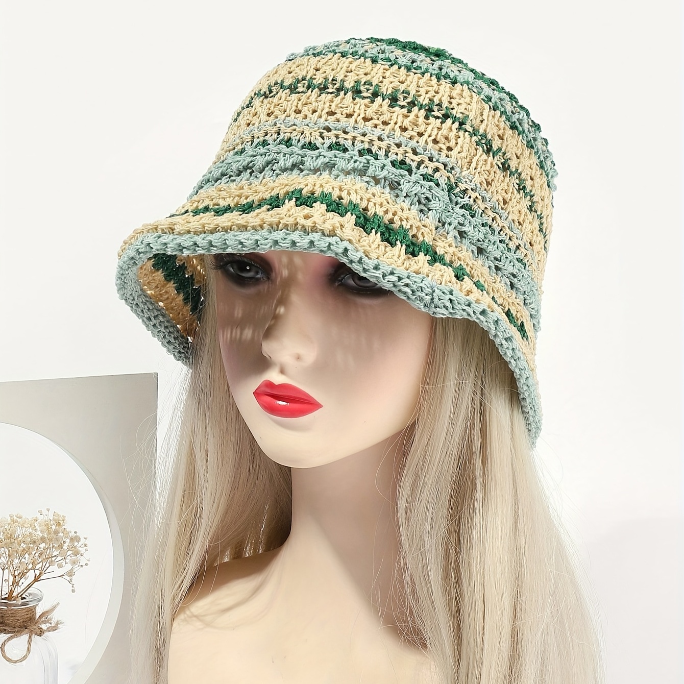 Women Crochet Bucket Hat Plaid Pattern Knitted Fisherman Hat Summer Outdoor  Wide Brim Sun Cap 